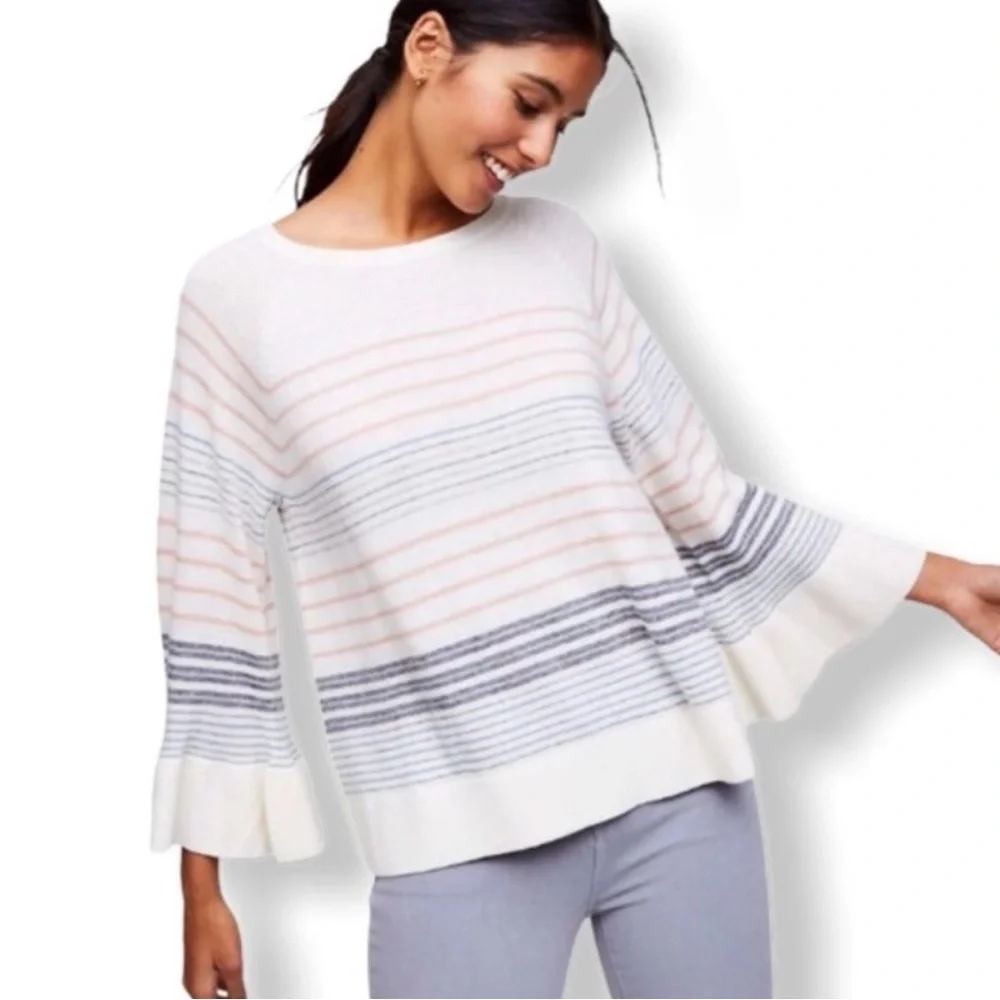 LOFT Ruffle Sleeve Striped Blouse - Cream, Pink, Gray, Blue